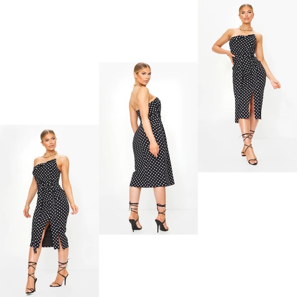 PrettyLittleThing Dresses & Skirts - Black Polka Dot Clear Strap Wrap Waist Midi Dress